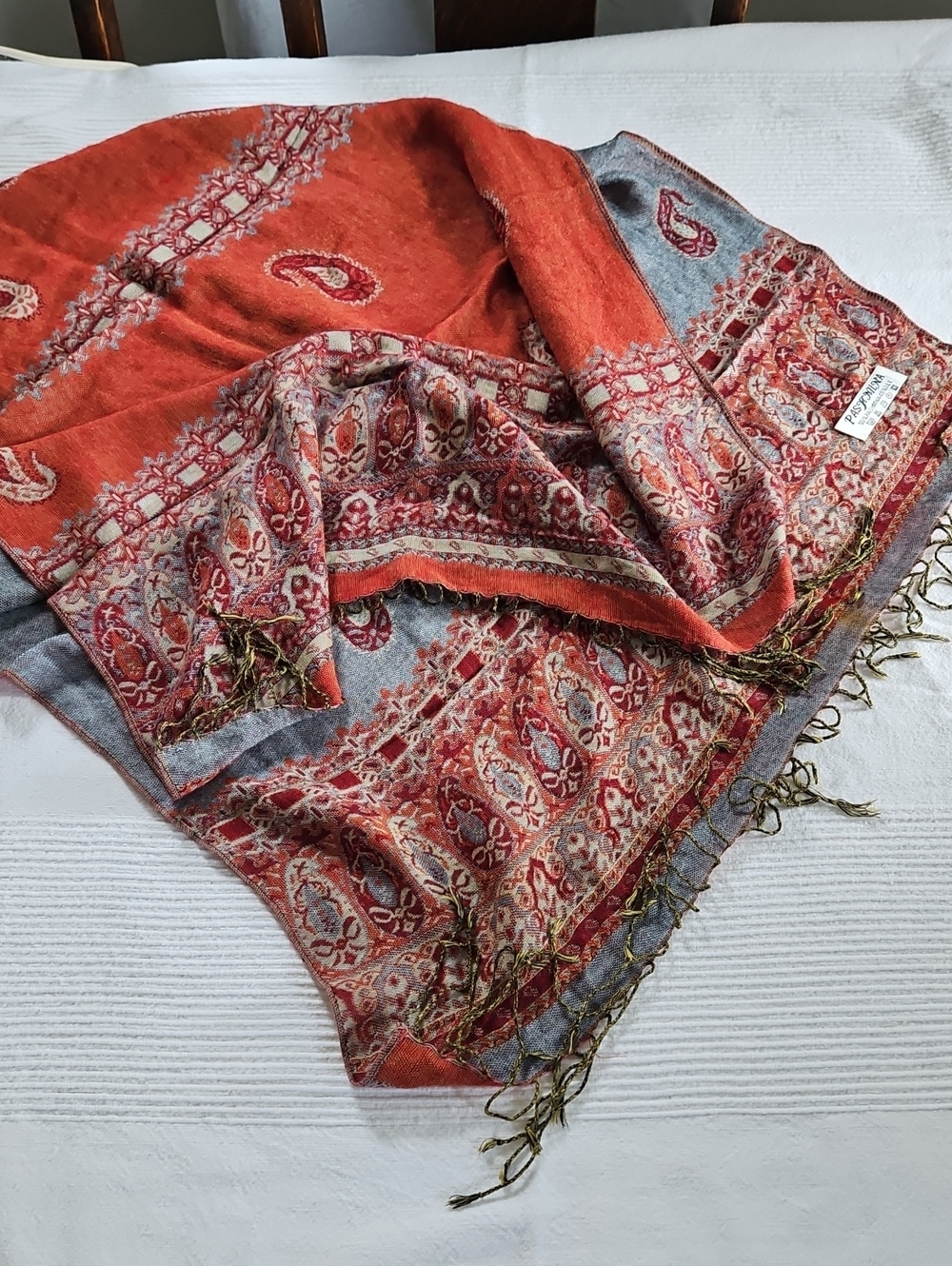 pashmina Orange and Gray Paisley Fringe Scarf